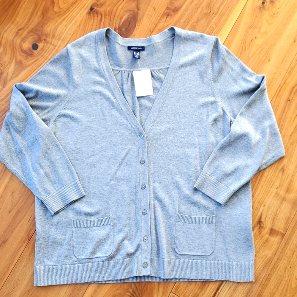 Land's End Grey Knit V Neck Cardigan 2X
